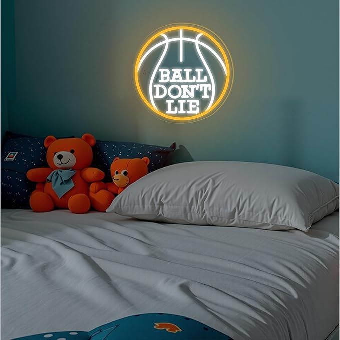 Ball Don’t Lie Neon Sign, Basketball LED Light for Game Room, Man Cave, Bedroom, or Office, USB Powered, Dimmable, 13.3” Round Wall Decor Gift for Hoopers
