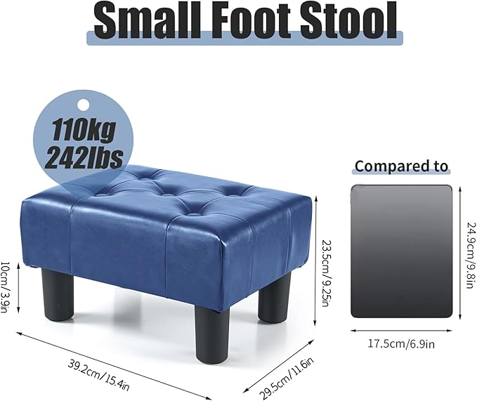 BRIAN & DANY Small Foot Stool, Leather Foot Stools with Legs, Stable Small Footstool for Living Room, Blue