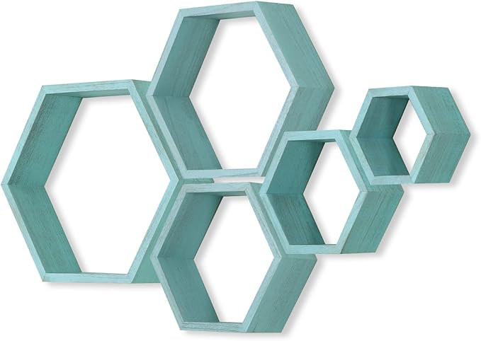 PHOENANCEE Hexagon Floating Shelves,Wall Mounted Wood Farmhouse Storage Honeycomb Wall Shelf Set of 5,for Bathroom, Kitchen, Bedroom, Living Room,Office,Driftwood Finish (Ocean Blue)
