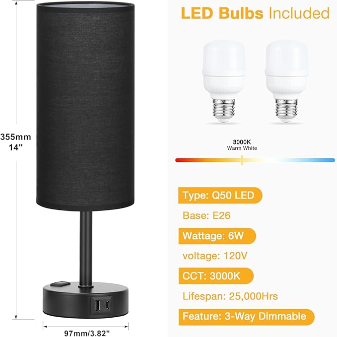 Black Touch Table Lamps Set - 3 Way Dimmable Bedroom Bedside Lamps Set of 2 with USB C and A Ports,Small Lamps for Nightstand with AC Outlet,Round Flaxen Shade for Desk,Office,Dorm,Nursery