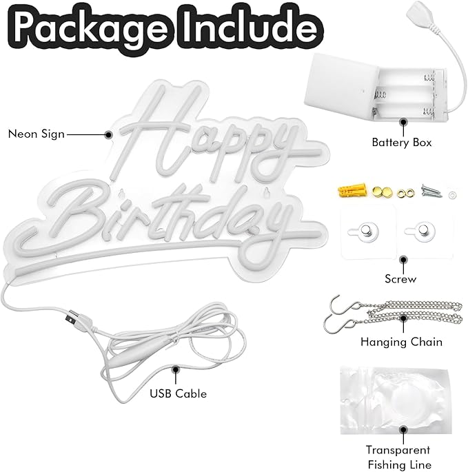 Large "Happy Birthday" Neon Sign, USB & Battery Powered (22.4"x14.3"), Adjustable Brightness, Warm LED Wall Decor for Parties & Celebrations