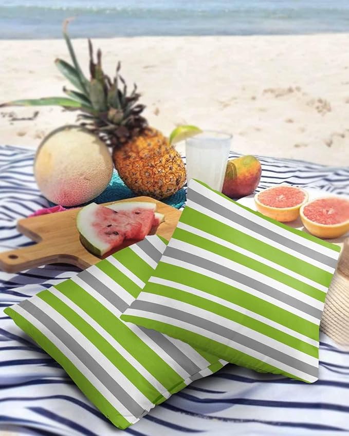 Outdoor Waterproof Throw Pillow Covers Set of 2 Grey Green Stripes Decorative Outdoor Pillows Cushion Case 26x26 Inch Classic Striped Patio Pillows for Couch Sofa Bed Garden Office Home Decor