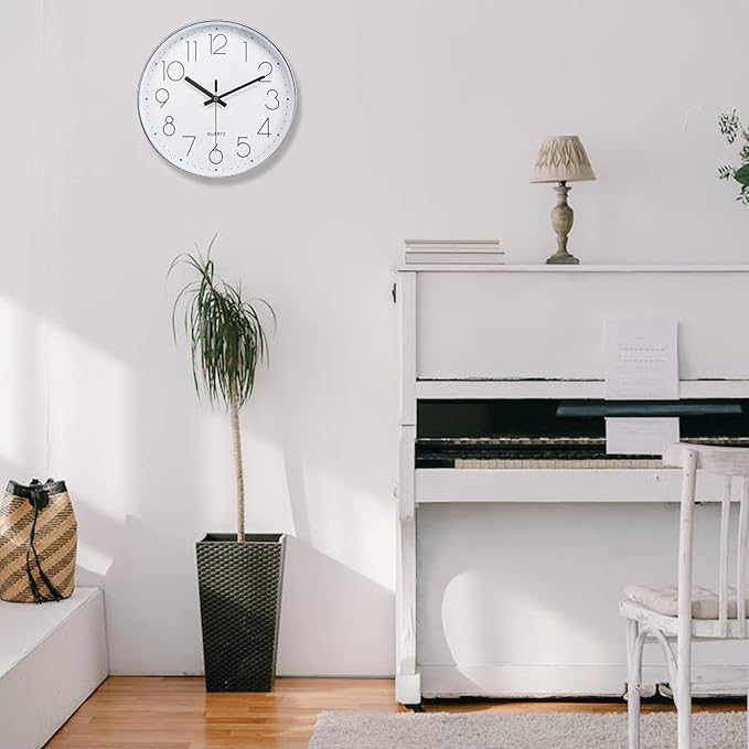 Wall Clock Modern Design, Silent Non-Ticking Battery Operated Clocks for Kitchen, Classroom (10 Inch, Silver)