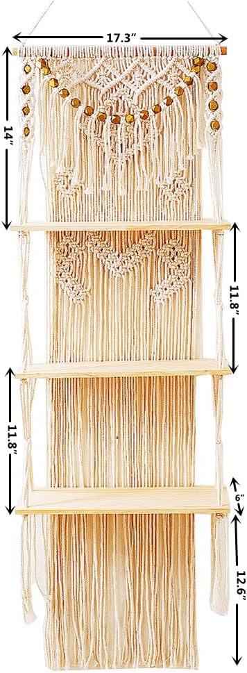Macrame Wall Hanging Shelf with Enhanced Solid Wood Shelves and Handmade Macrame to Organize Plants and Decor — 3 Tier Macrame Shelf Wall Hanging Bohemian Decorative Shelves for Kitchen,Home Storage