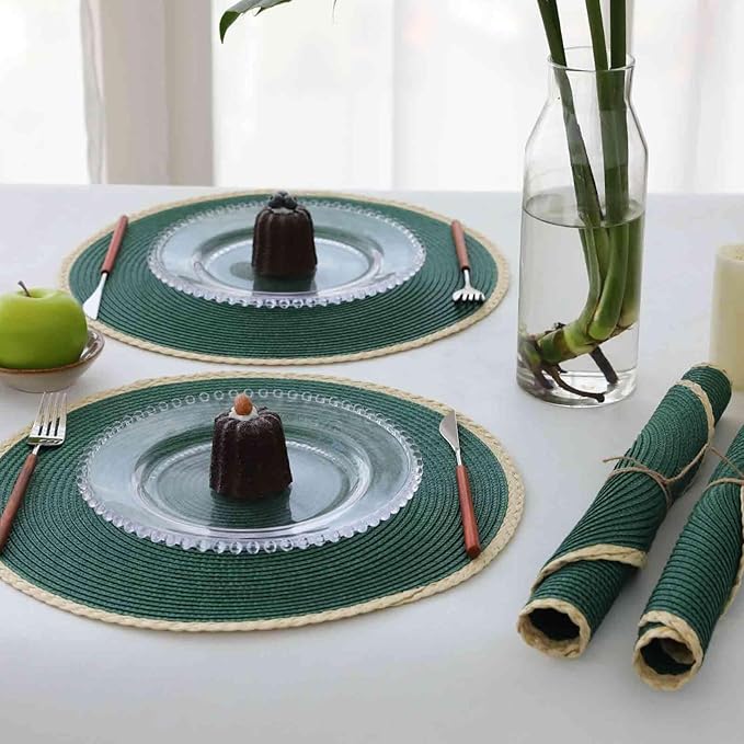 Noctiflorous Round Braided Placemats Set of 6 Table Mats 15 Inches Washable Heat Resistant for Dining Table Non-Slip Indoor Outdoor Place Mats for Easter(01 Pine Green 6)