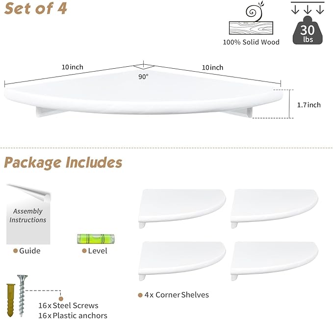 Forbena White Corner Floating Shelves for Wall Set of 4, Rounded Corner Shelves Wall Mounted for Kids Bedroom Books, Cute Wood Hanging Corner Shelf for Bathroom Decor, Living Room, Small Spaces