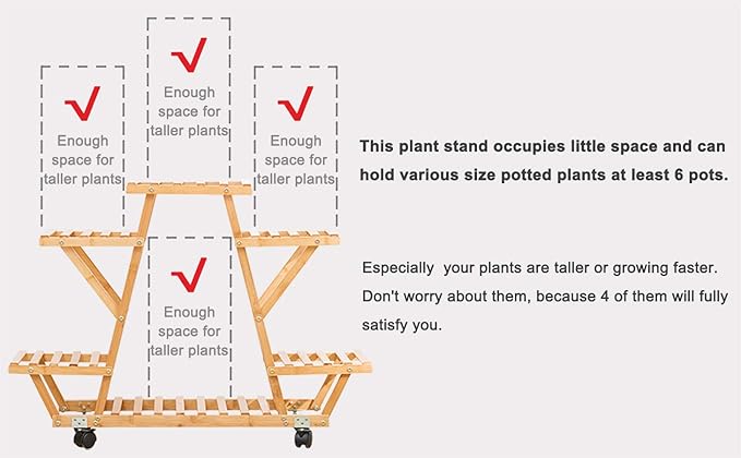 Bamboo Rolling 6 Tier Plant Stand Rack Multiple Flower Pot Holder Shelf Indoor Outdoor Planter Display shelving unit for Patio Garden Corner Balcony Living Room