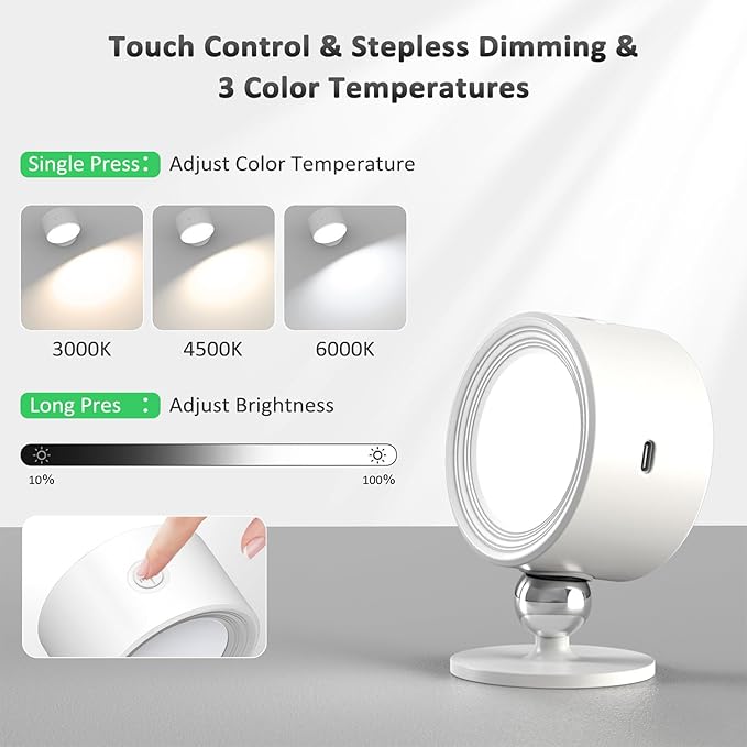LED Wall Lights with Remote, 2 Pcs Rechargeable Wall Mounted Reading Sconces Lamp 3000mAh, 3 Colors & Dimmable Magnetic 360° Rotation Cordless Wall Lighting Spotlights for Bedroom Bedside Hallway