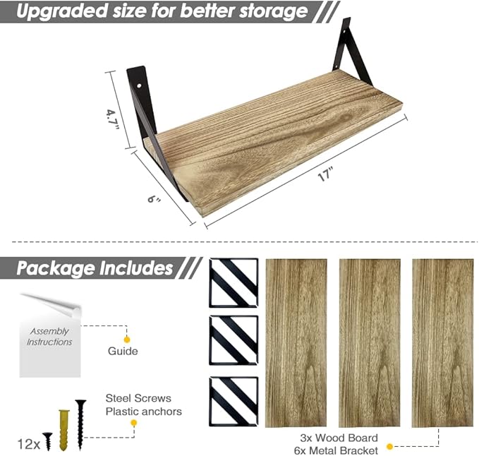 Floating Shelves with Black Metal Brackets Set of 3, Light Wood Wall Bookshelf for Bedroom Over Desk Bed, Hanging Shelf for Office Kitchen Living Room, Bathroom Over Toilet (Natural Color)