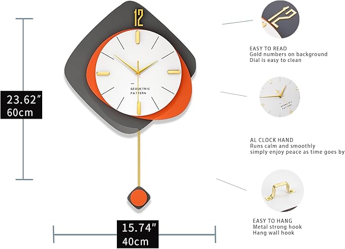FLEBLE Modern Large Wall Clocks for Living Room Decor Wood Silent Decoration Wall Clock Pendulum Battery Operated Non-Ticking for Kitchen Bedroom Office Home 16 inch Clock Wall Decor for Indoor House
