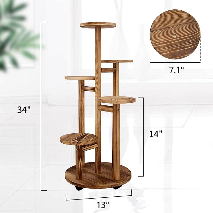 GEEBOBO 5 Tiered Tall Plant Stand for Indoor, Wood Plant Shelf Corner Display Rack, Multi-tier Planter Pot Holder Flower Stand for Living Room Balcony Garden Patio (Walnut)