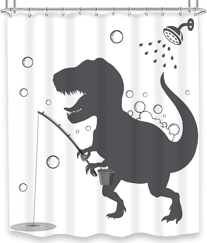 LGhtyro Dinosaur Funny Dino Kids Shower Curtain Bathroom Set 60Wx71H Inches Boys Animal Shadow Cartoon Silhouette Bath Accessories Black White Art Art Home Decor Fabric 12 Pack Hooks