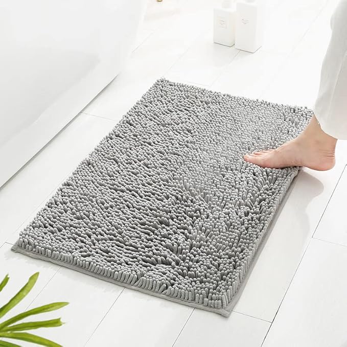 Light Gray Bathroom Rugs 2 Pieces Chenille Bath Rug Mat, Extra Thick and Soft Absorbent Bath Rugs, Machine Washable, Non-Slip Plush Bath Mats for Tub,(Light Gray, 32"x20"+U Shape 20"x20")