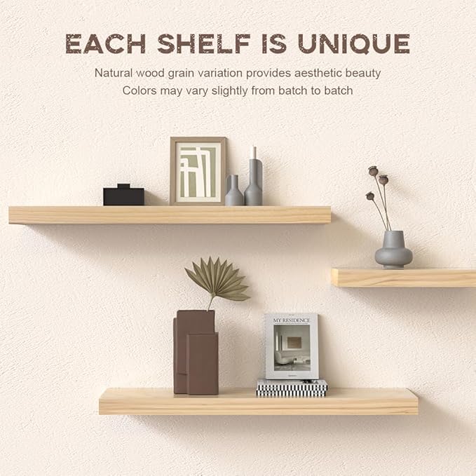 Habudda Floating Shelves for Wall, Bathroom Bedroom Kitchen Book Shelf, Rustic Wooden Home Decor Plant Display, Varnished Natural Solid Wood, Mounted Invisible Bracket, 30" Set of 2