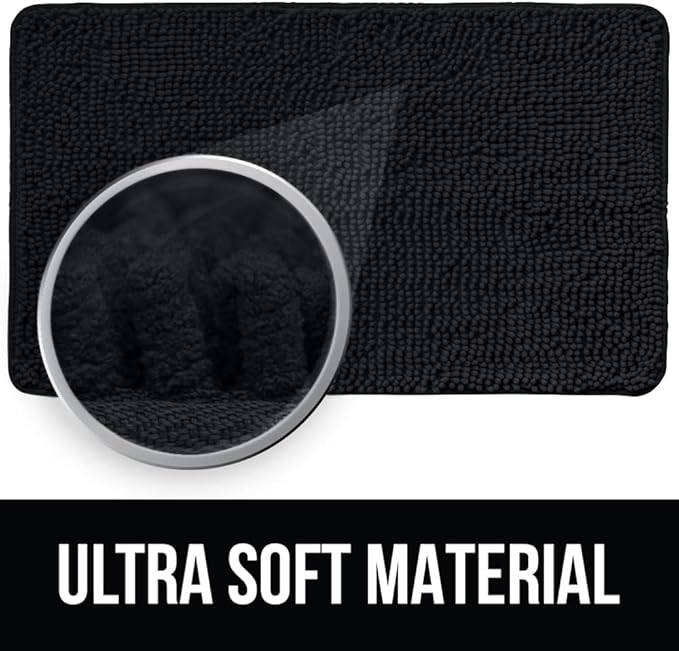 KANGAROO Bathroom Rugs, Chenille Soft Absorbent Bath Rug, Shaggy Shower Mat, Quick Dry Machine Wash Bathmat, Plush Carpet Mats for Tub, Bathtub and Room Home Decor Accessories, 24x17, Black