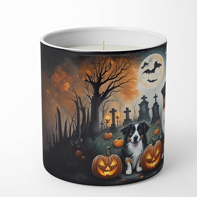 Caroline's Treasures DAC2009CDL Australian Shepherd Spooky Halloween Decorative Soy Candle Nature Soy Wax Essential Oil Home Decor Ideal for Bedroom Kitchen Bath Office Gift, 10 oz
