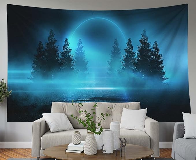 EMMTEEY Enchanted Forest Tapestry Moonlight Shine Dark Natural Scene with Reflection of in the Water Neon Blue 92.5X70.9 Tapestry