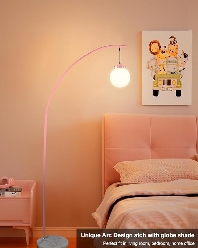 Lightdot Pink Arc Floor Lamp for Living Room, 76Inch Tall Standing Lamp with Marble Base and Globe Bulbs Included, 3000K Warmwhite Modern Mid Century Floor Lamp for Bedroom & Home Office