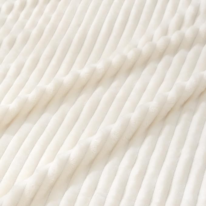 Vessia Flannel Fleece Throw Blanket for Couch,Sofa,Bed, 300GSM Microfiber Cream Striped Chair Blanket for Adults and Kids, Super Soft Warm Cozy Lightweight Ivory Ribbed Throw for All-Season