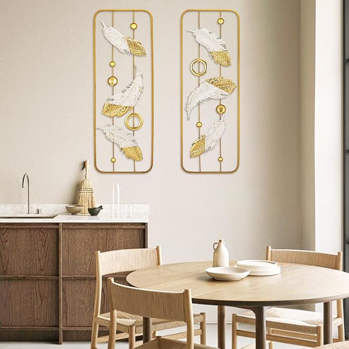 2 Pack Gold Wall Art Décor, 35" Rectangular Panels Metal Work, Modern Wall Décor for Home Office Café Bedroom Living Room Wall Decoration