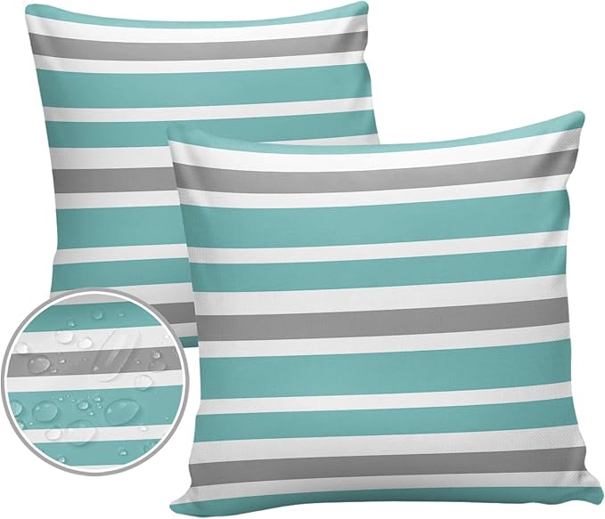 Outdoor Waterproof Throw Pillow Covers Set of 2 Grey Teal Stripes Decorative Outdoor Pillows Cushion Case 24x24 Inch Classic Striped Patio Pillows for Couch Sofa Bed Garden Office Home Decor