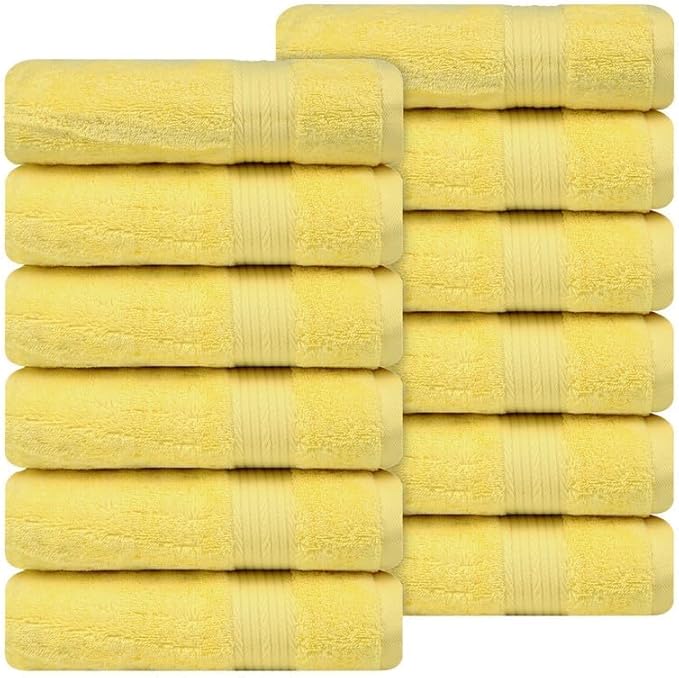 Ample Decor Hand Towel 18 X 28 Inch Pack of 12 600 GSM 100% Cotton, Oeko Tex Certified Soft Absorbent Thick Durable Premium Quality, for Hotel, Bathroom, Spa, Gym - Machine Washable - Yellow