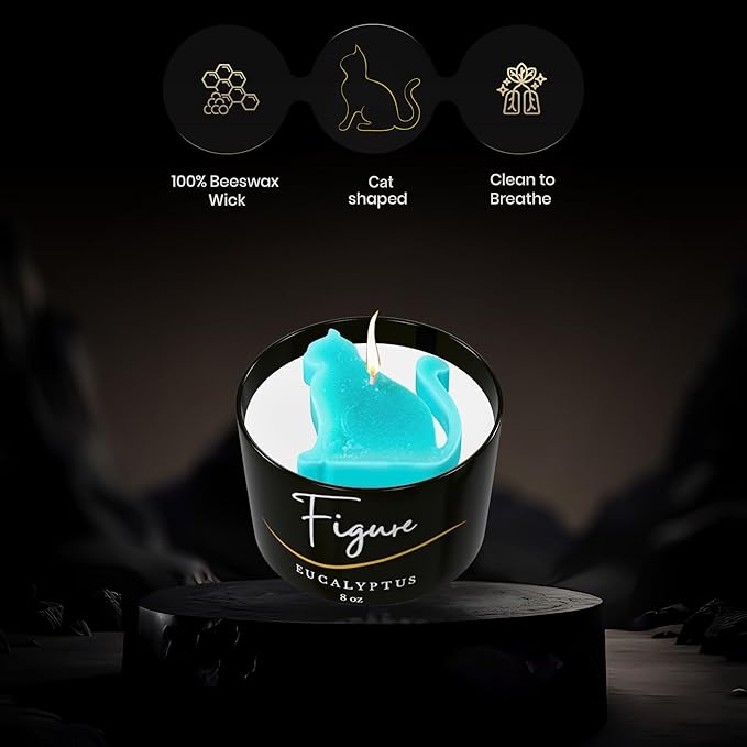 All Natural Scented Candle for Cat Lovers | Hand-Poured | Beeswax & Organic Soy Wax Blend | 100% Beeswax Wick | Cat Mom's | Cat Birthday | Premium Gift Box Included | Teal Cat - Eucalyptus