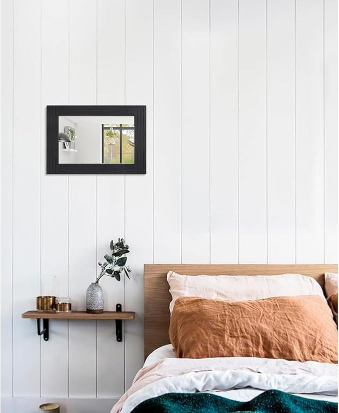 Black Vintage Rustic Wood Framed Wall Mirror Farmhouse Rectanglular Antique Decor Hanging Mirror for Bathroom Bedroom Living Room Entryway Large 16"x12"