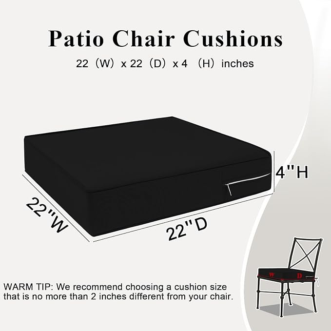 Outdoor Chair Cushions Set of 2 for Patio Furniture 22x22x4 Inch Waterproof Patio Chair Cushion 3 Year Color Fastness Square Elastic Foam Garden Couch Pads with Ties and Handle,Black