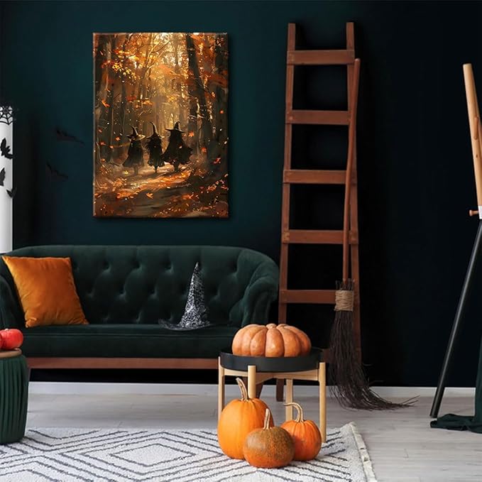 ILLBDR Halloween Canvas Wall Art Prints Creepy Witchy Silhouette Vintage Painting Poster Gothic Dark Moody Pictures Decor for Gallery Living Room Bedroom Bathroom 12x16 inch Framed