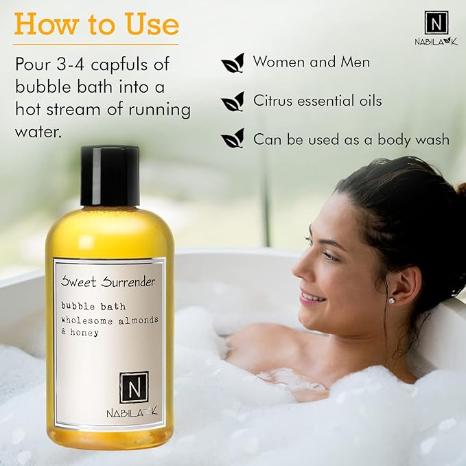 Sweet Surrender Bubble Bath with Almond & Honey Scent by Nabila K - Essential Oils with Natural Ingredients for Sensitive Skin, Tear-Free, Gentle, Moisturizing - Luxury for Women & Men, 8 oz