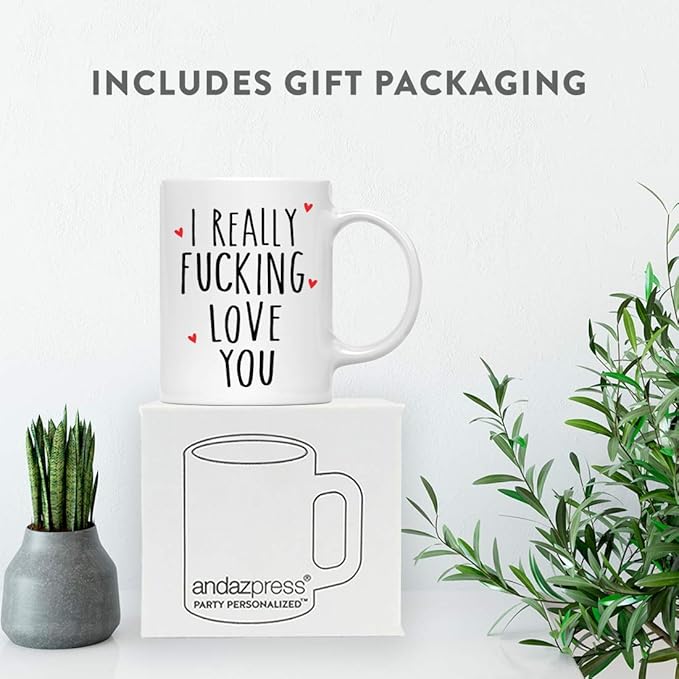 Andaz Press Valentine’s Day Funny 11oz. His Her Couples Coffee Mug Gift, I Really Fucking Love You, Heart Graphic, 1-Pack, Gift Box
