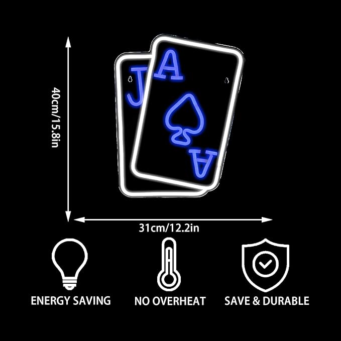 Gamerneon Playing Cards Neon Signs for Wall Decor Poker Teens Led Neon Light Blue White Usb Light Sign for Bedroom Casino Bar Hotel Play Room Birthday Party Decor