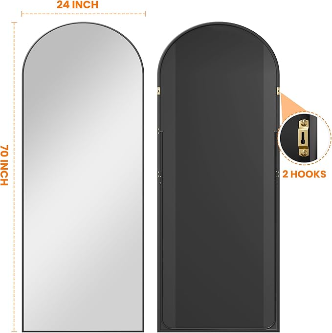 Arched Full Length Mirror, Black Standing, 70"x24" Full Body With Standing, Free Standing, Leaning Against Wall or Wall-Mounted, Large Floor for Bedroom Living Room Dressing Room