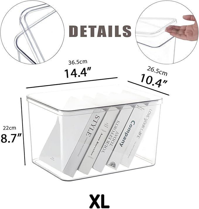 Clear plastic storage bins with LIDS-4packs,storage containers for snacks, cosmetics, books, dog food, Storage Organizer for Nursery,Kitchen, Living room,Bedroom, Bathroom, Office