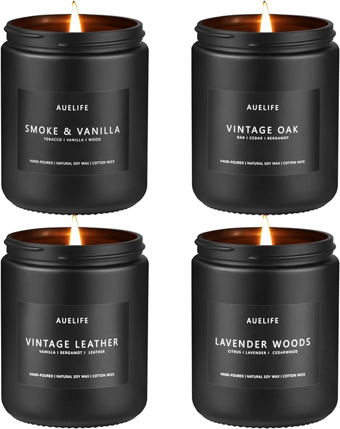 Scented Candles Set | Men Candle Set, Scented Candles for Home, Gifts for Men Aromatherapy Gift Set - 4 Pack Manly Gifts for Dad Fathers Day, Soy Candle of Leather/Smoke & Vanilla/Oak/Lavender