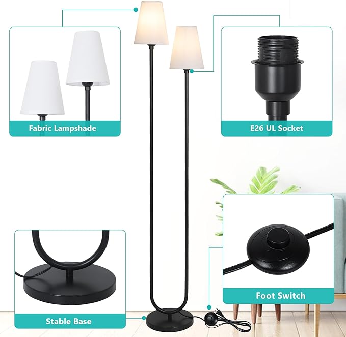 HMVPL Floor Lamps for Living Room, Modern Black Floor Lamp with Fabric Lampshade, Industrial Standing Lamp with On/Off Foot Switch, Farmhouse Tall Lamp for Living Room Corner Bedroom Office(66")