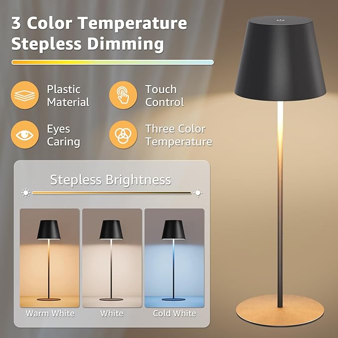 uuffoo 2 Pack Cordless Rechargeable Table Lamps, 5200mAh Battery Powered Outdoor Table Lamps with 3 Colors Stepless Dimming, Desk Night Light for Restaurant, Patio, Bedroom, Bar (Black)