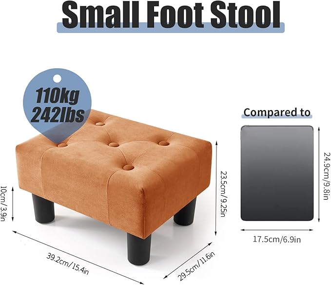 BRIAN & DANY Small Foot Stool, Velvet Foot Stools with Legs, Stable Small Footstool for Living Room, Orange