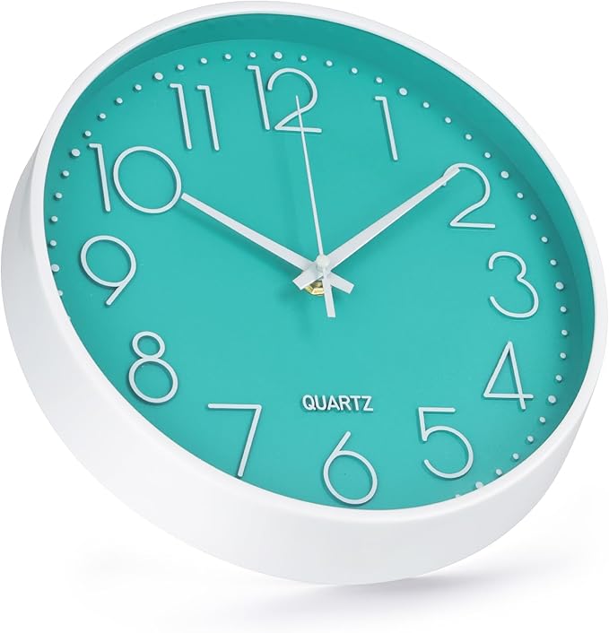 Wall Clock Non-Ticking Silent Modern Simple Style Round Decor Clock Stereoscopic Dial Quartz Wall Clocks for Home/Office/School/Living Room/Bedroom/Kitchen (Turquoise, 8inch)