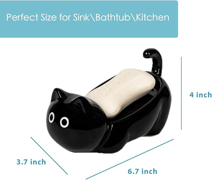 Bar Soap Holder, Cute Ceramic Cat Soap Dish - Self Draining - Small Shower Bar Soap Holder for Soap Bar Holder for Shower, Dish Soap Holder, Soap Dish for Shower (Black)