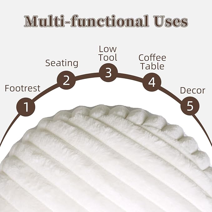 Unstuffed Pouf Ottoman Cover Soft Storage Extra Seat Farmhouse Comfortable Bohemian Poufs Accent Footrest 20x20x8 Inches for Living Room Bedroom Study Nook (White, Round)