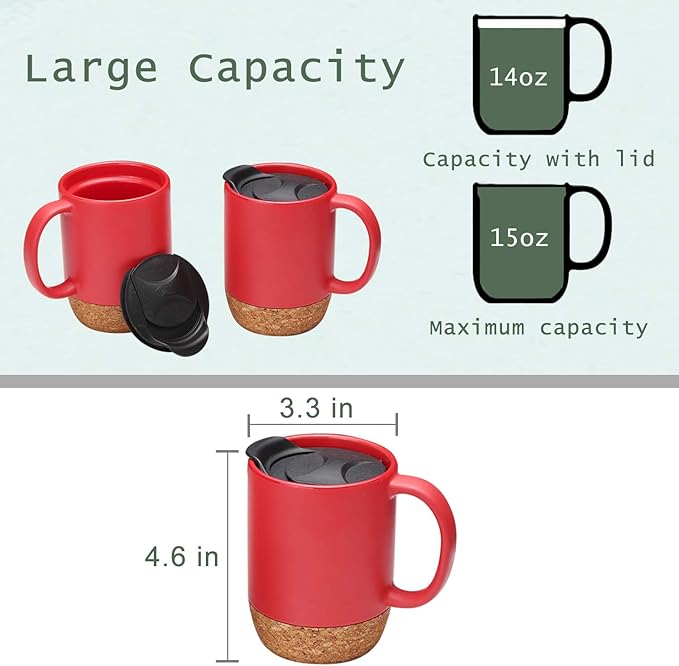 Coffee Mug Set of 2, 15 OZ Large Coffee Mugs with Handle for Tea, Ceramic Mug with Cork Bottom and Lid, Coffee Cups for Women and Men (Red)