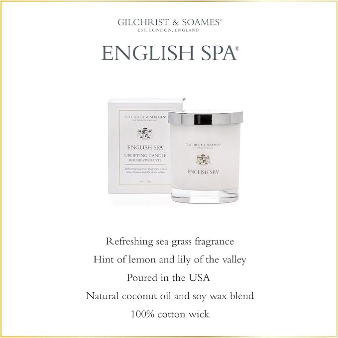 Gilchrist & Soames English Spa Luxury Candle (8oz), Sea Grass, Lemon, and Lily - USA Poured, Coconut Oil and Soy Wax Blend, Cotton Wick