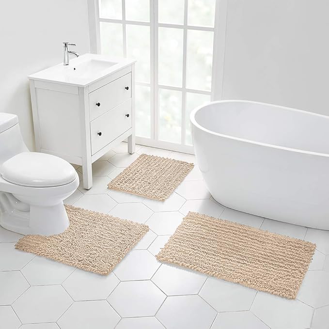 Walensee Bathroom Contour Rug Non Slip Toilet U Shaped Bath Mat (20x24, Beige) Water Absorbent Super Soft Shaggy Chenille Machine Washable Dry Extra Thick Perfect Absorbant Best Plush Carpet
