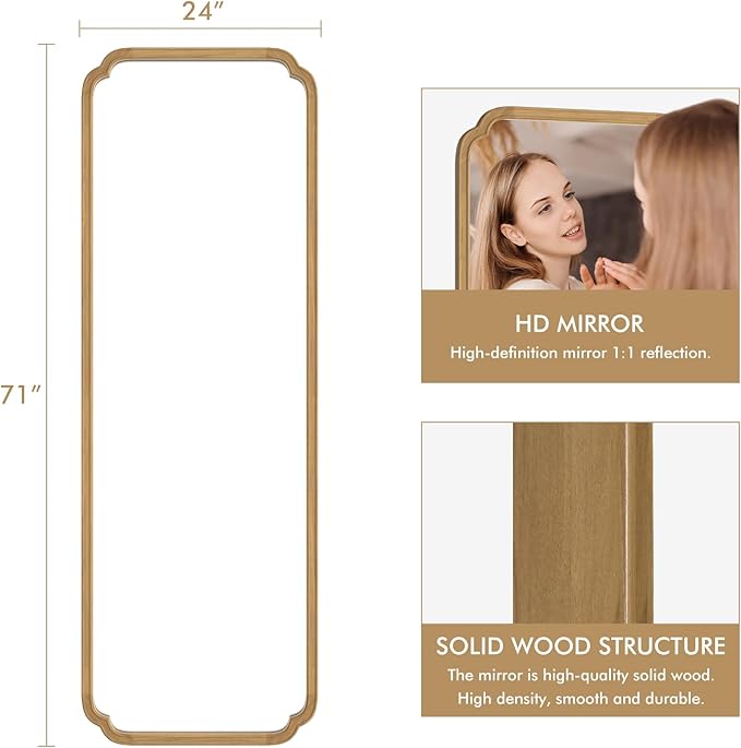 WallBeyond Full Length Mirror Wall Mounted 71"x24", Rustic Wooden Frame Floor Mirror, Large Full Body Mirror for Bedroom, Leaning or Hanging Against Wall (Naturl Solid Wood)