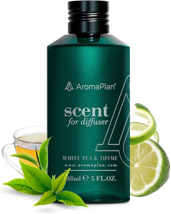Aromaplan Hotel Scents White Tea & Thyme 5 Fl Oz (148ml), Home Luxury Aroma & Hotel Fragrance Diffuser Oil- Hotel Diffuser Oil for Aromatherapy- USA Made, Bigger Bottle, Bolder Aroma & Longer Lasting