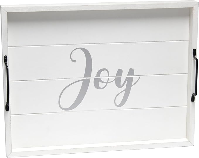 Elegant Designs, 15.50" x 12", Decorative Wood Serving Tray w/Handles, White Wash Joy (HG2000-WJY)