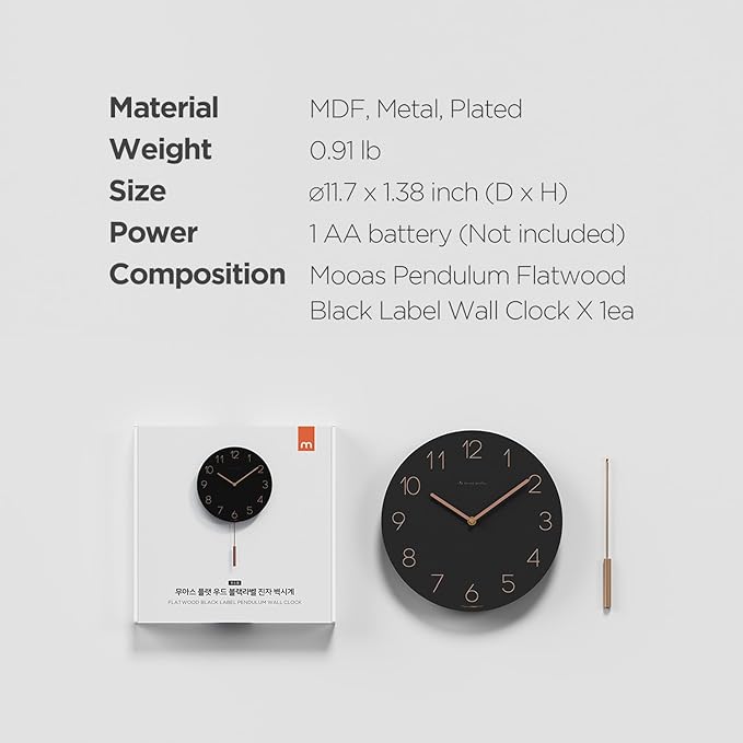 mooas Flatwood Wall Clock Pendulum Black,12" Wood Wall Clock Non-Ticking Sweep Movement Decorative Clock Battery Operated Clock for Home Living Room Kitchen Bedroom Office School