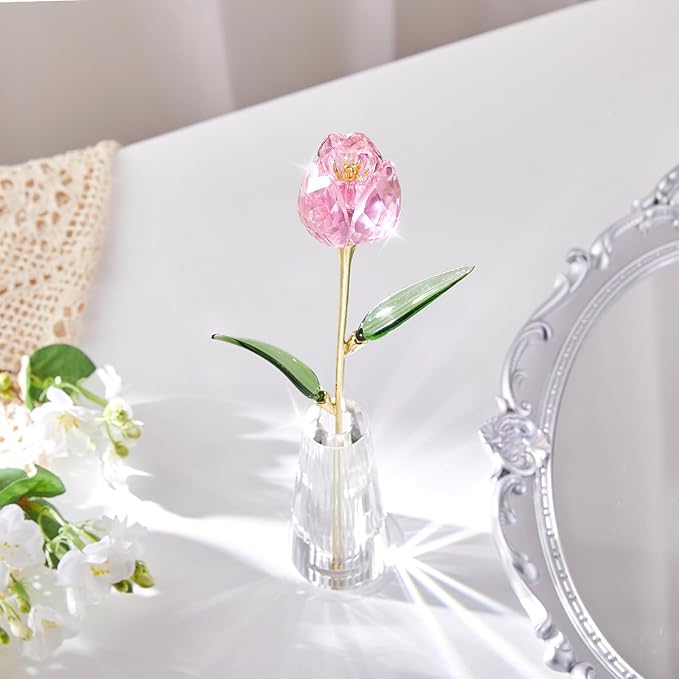 Crystal Tulip Flowers Figurine Collectible- Glass Flowers with Vase,Glass Flower Bouquet Paperweight,Gift for Anniversary Wedding Centerpiece Ornament(Pink)